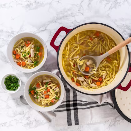A pot of chicken noodle soup beside 2 single servings in a bowl