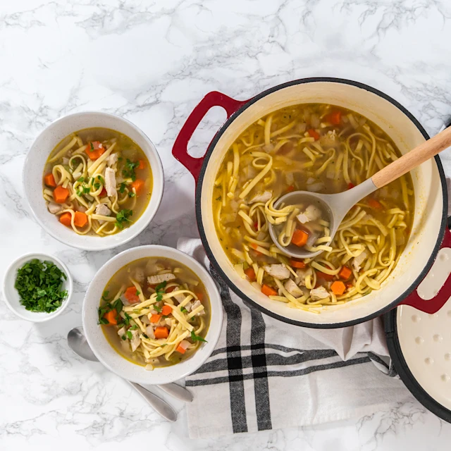 A pot of chicken noodle soup beside 2 single servings in a bowl