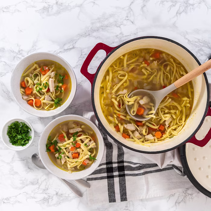 A pot of chicken noodle soup beside 2 single servings in a bowl
