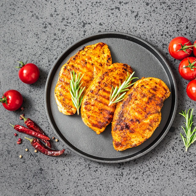 Plate with grilled maple mustard chicken breasts