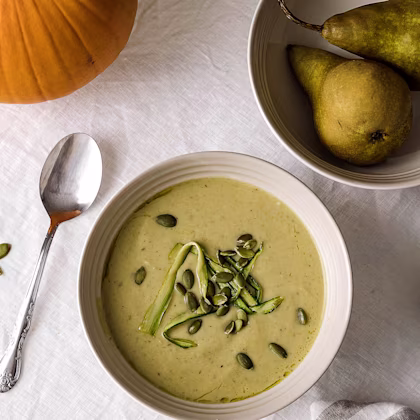 Image of an aerial view of creamy pear and asparagus soup