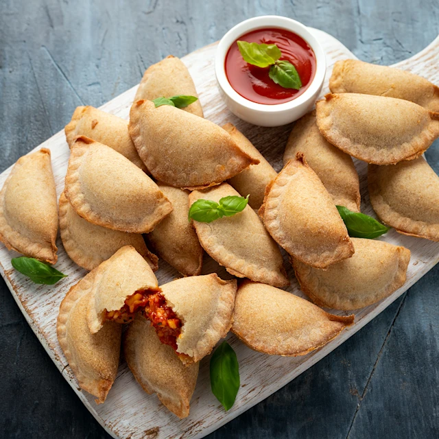 Platter of Pizza Dough pockets with side of marinara