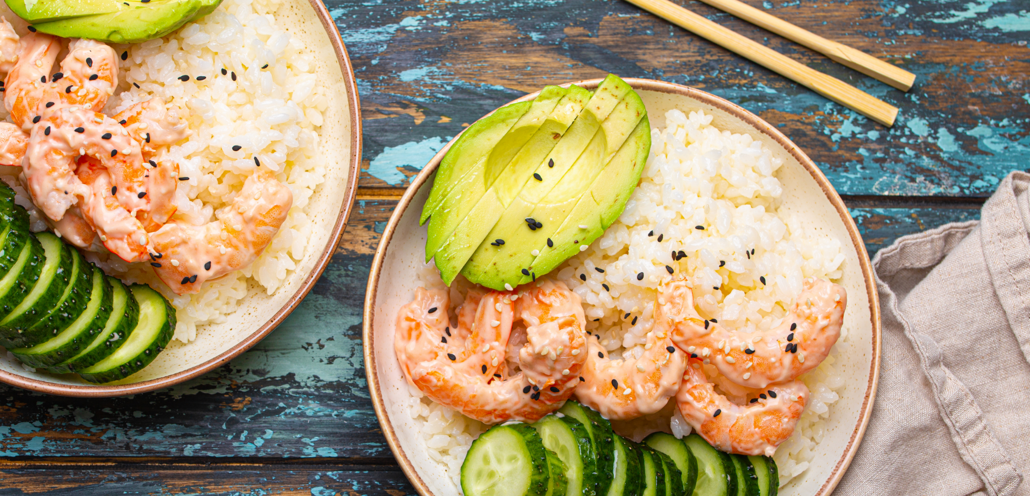 image of avocado with shrimp and rice