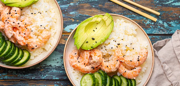 image of avocado with shrimp and rice