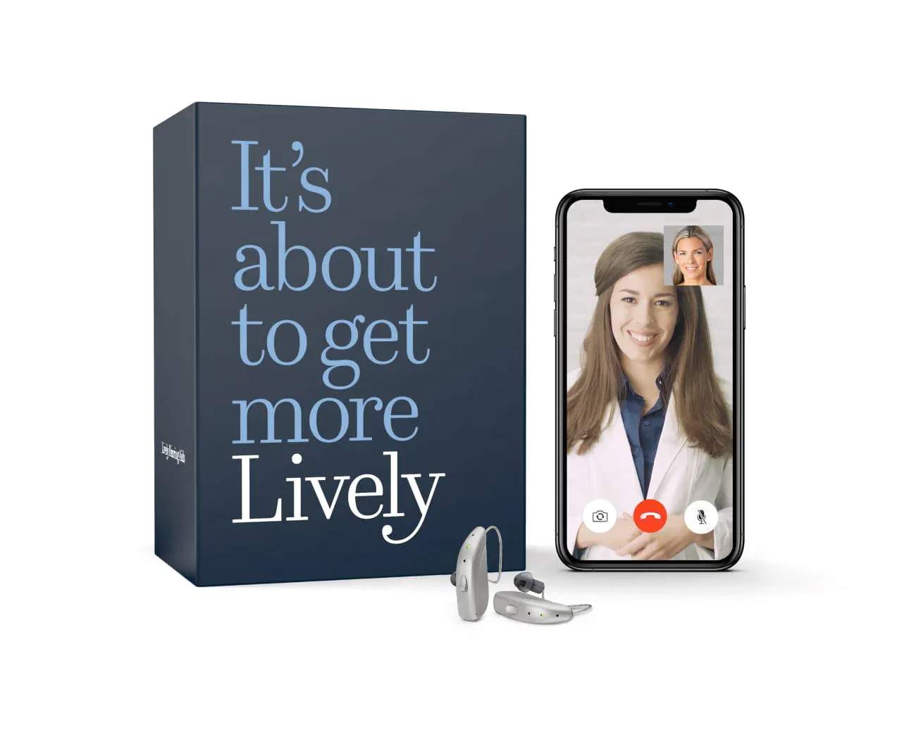 Box with message "It's about to get more Lively", a pair of hearing aids, and an iphone with a doctor video messaging a woman 