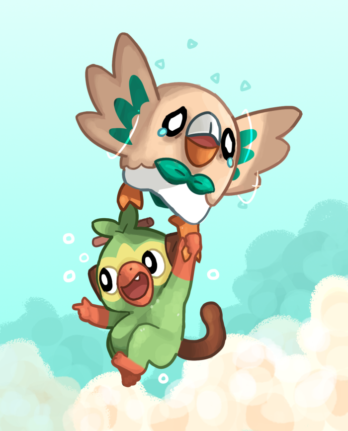 The Pokemon Grookey and Rowlet flying above the clouds