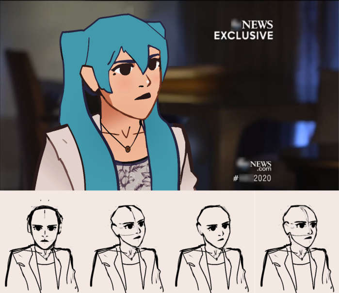 Still and poses from an animation featuring Hatsune Miku in an interview.