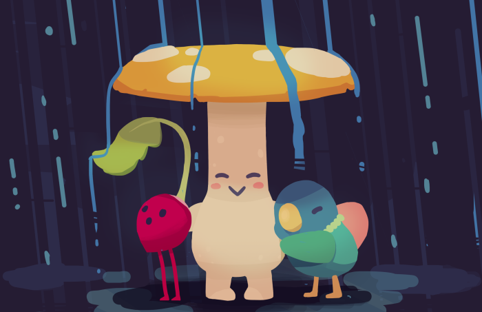 Monsters from the game Ooblets on a rainy day