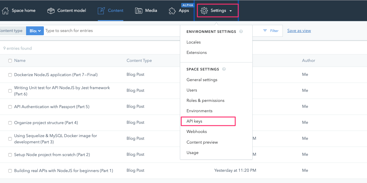 Select API keys from Settings menu
