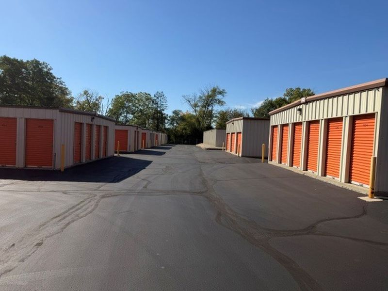 Orange storage unit rows at 4015 Roberts Road in Island Lake, Illinois