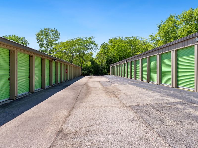 Green storage unit rows at 20765 West Grass Lake Road in Lindenhurst, Illinois