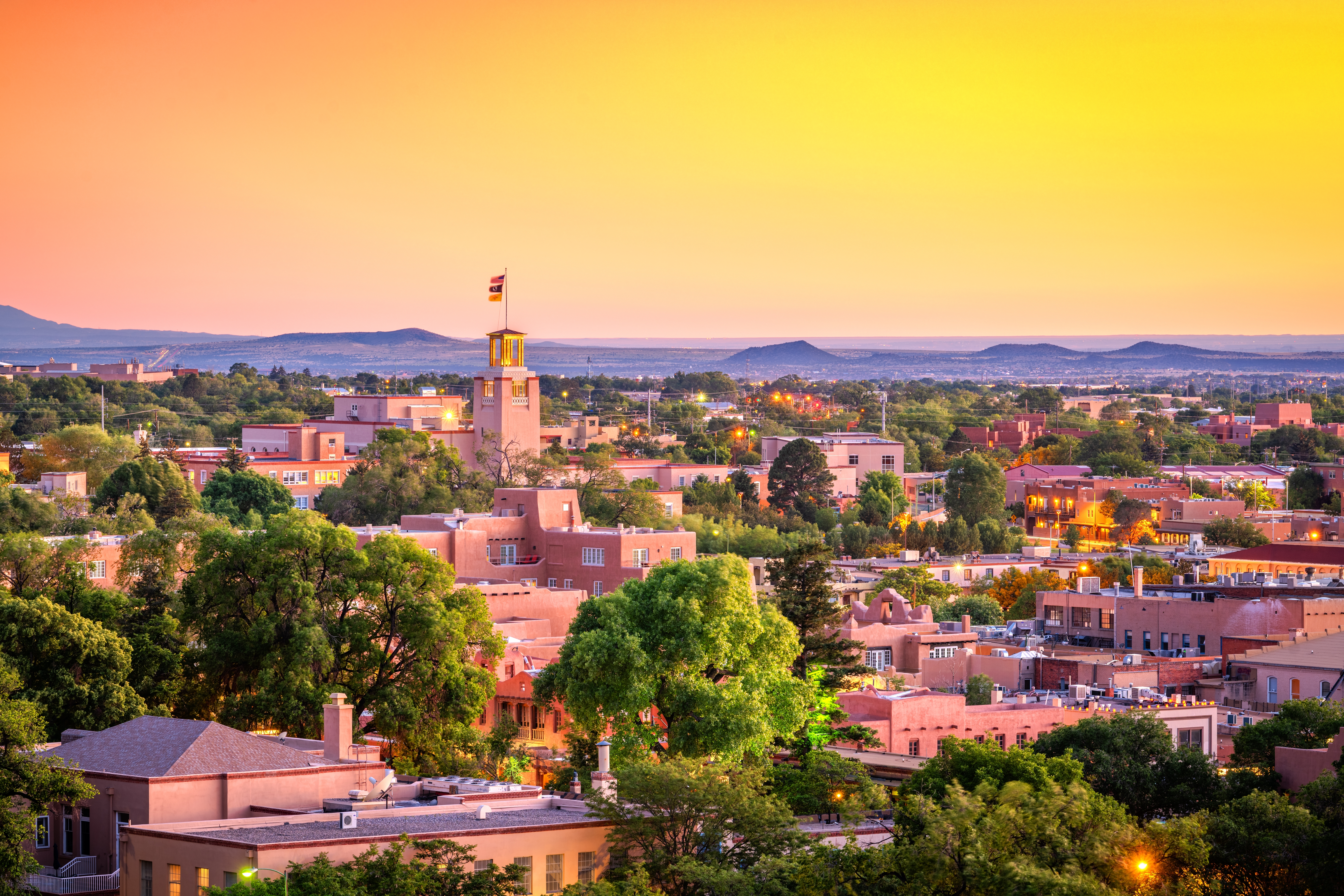 Skyline view of Santa Fe, NM at dusk