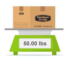 Moving box on a scale that reads 50 pounds.
