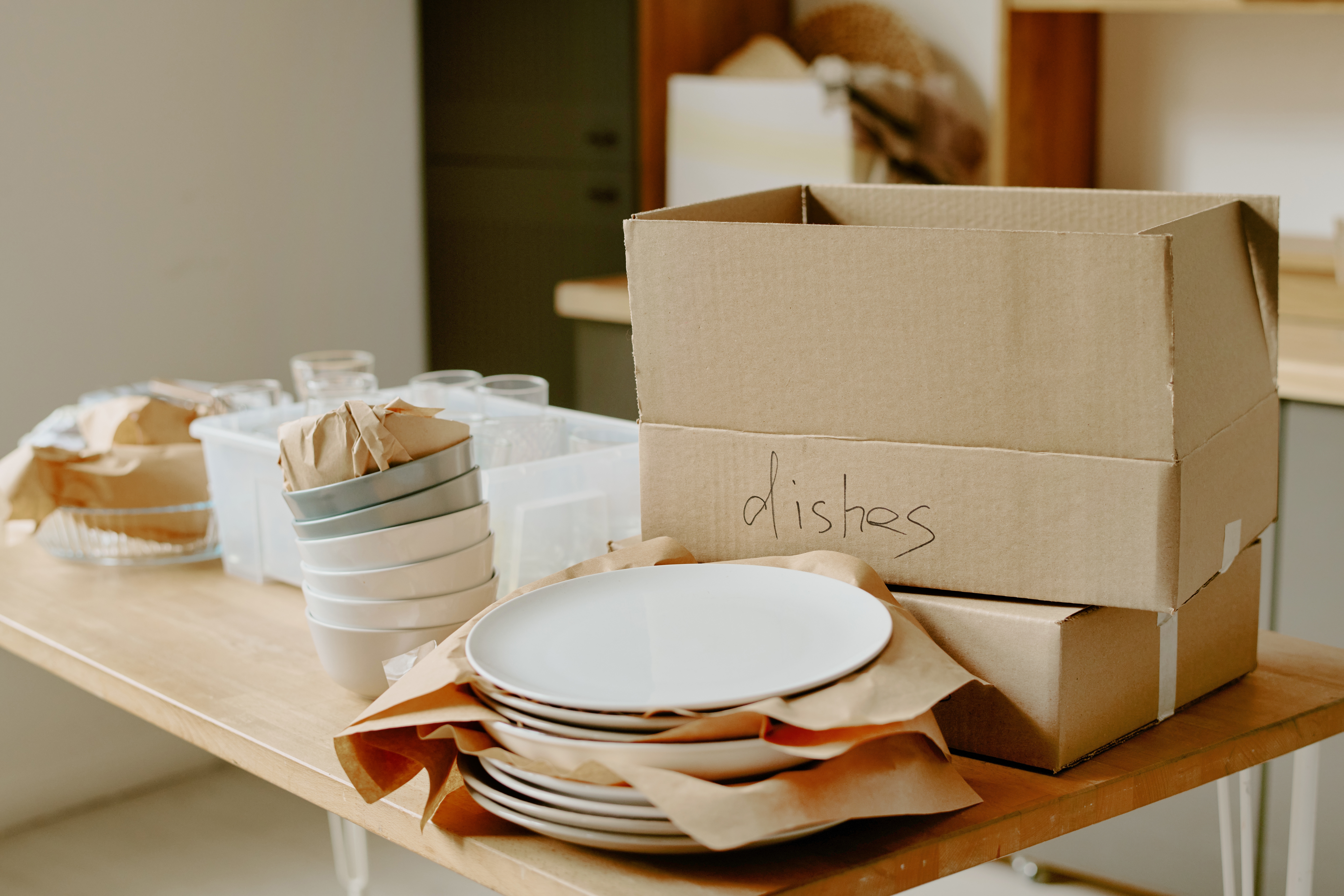 dishes and boxes on a table