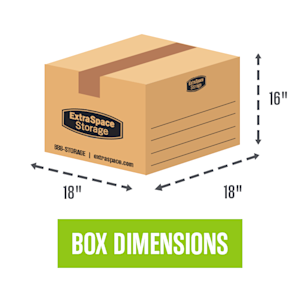 Moving box measuring 18 by 18 by 16 inches.