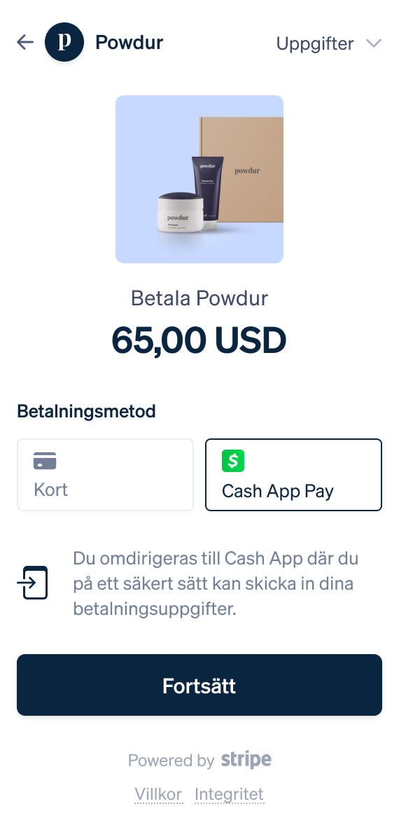 Betalningsskärm för Cash App Pay i mobil