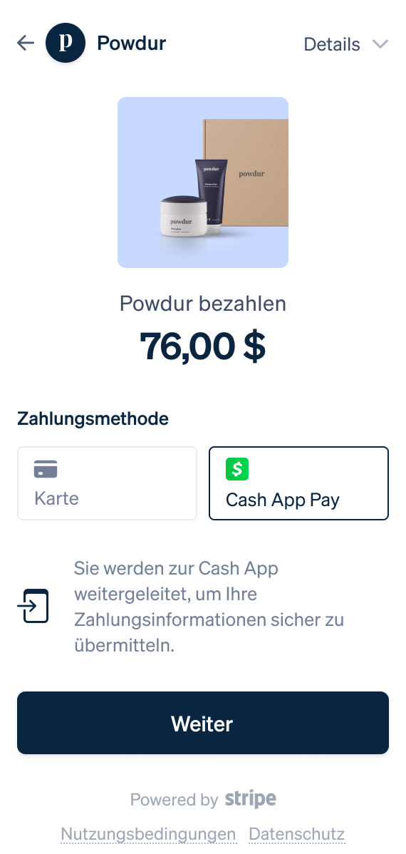 Ansicht: Barzahlung per Cash App Pay bestätigen