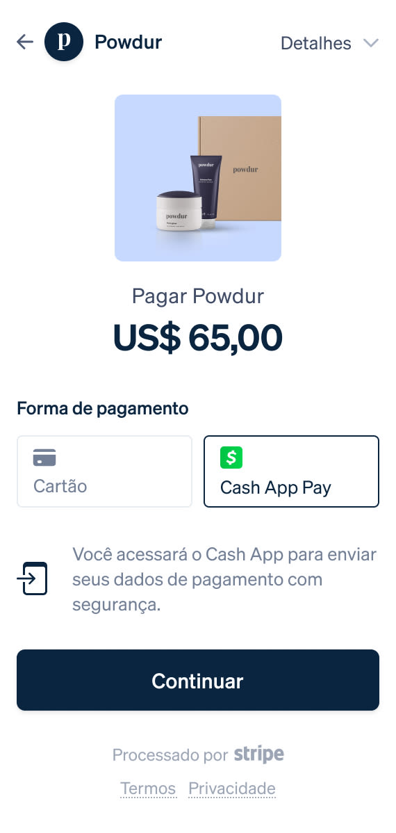 Tela de pagamento por celular do Cash App Pay