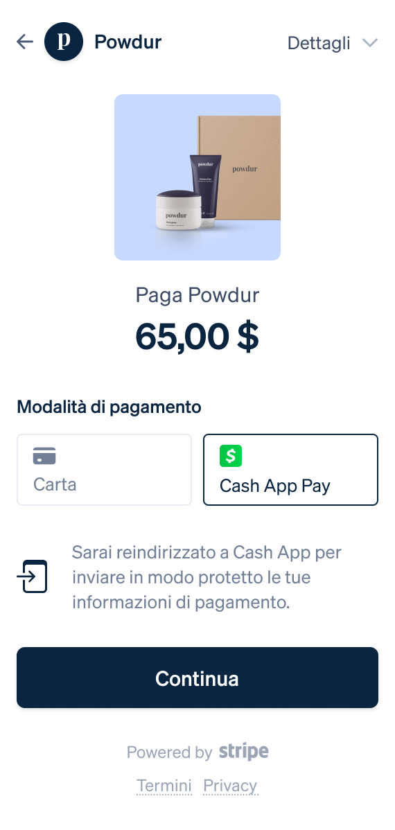 Schermata di pagamento con telefono di Cash App Pay