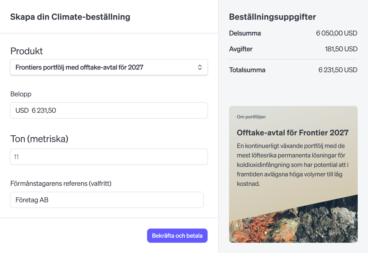 Climate Orders dashboard create panel