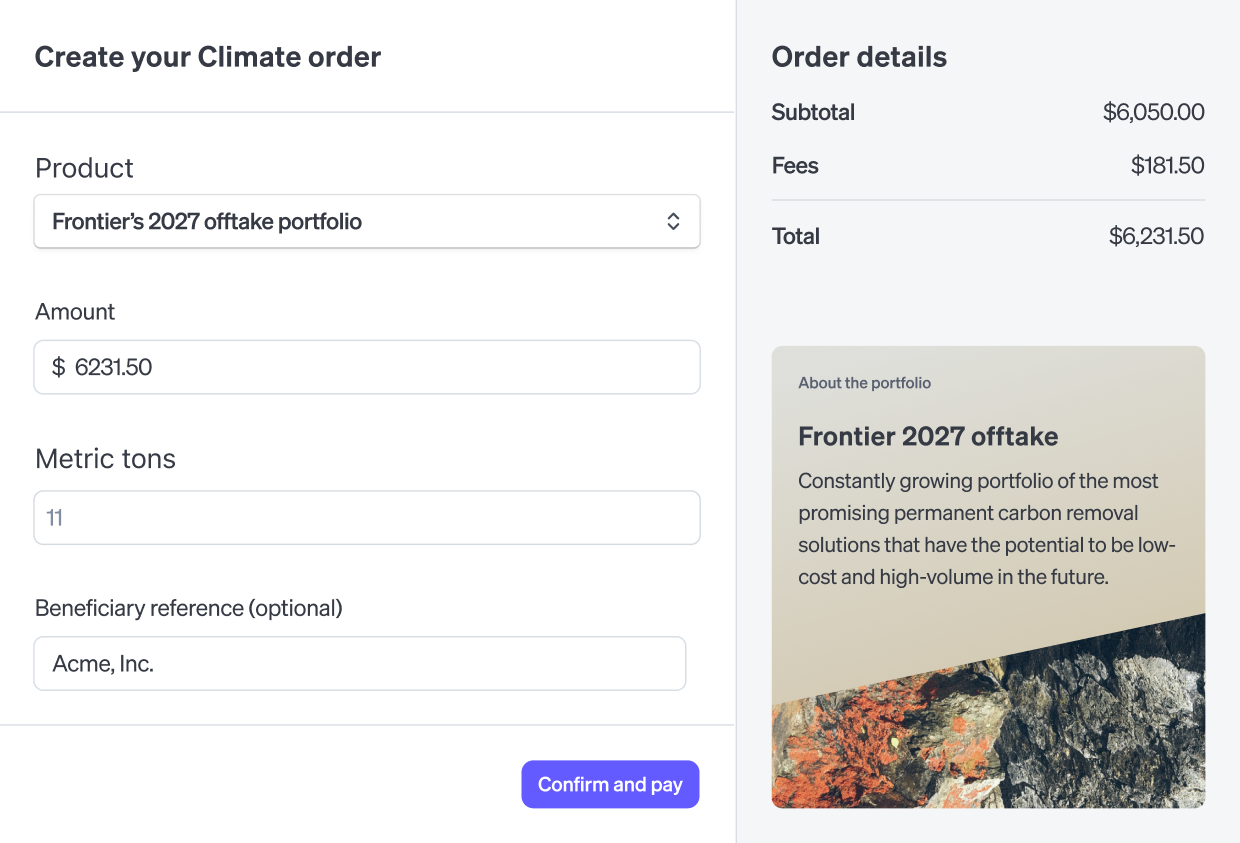 Climate Orders dashboard create panel