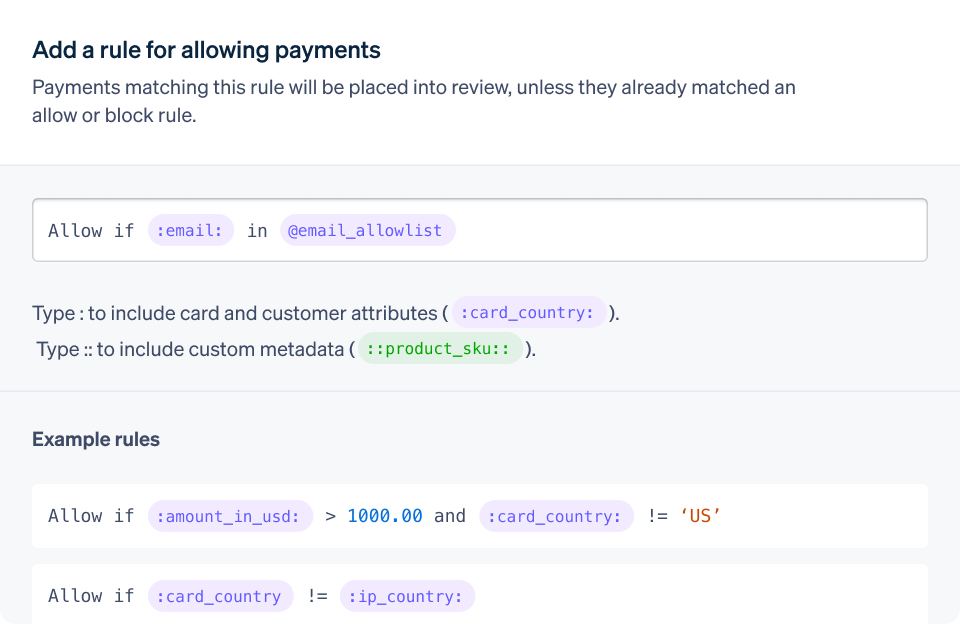 A screenshot of the add rule for allowing payments dashboard