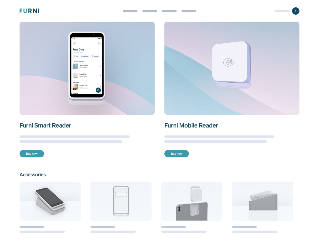 Stylized product layout showing two devices and 4 accessories