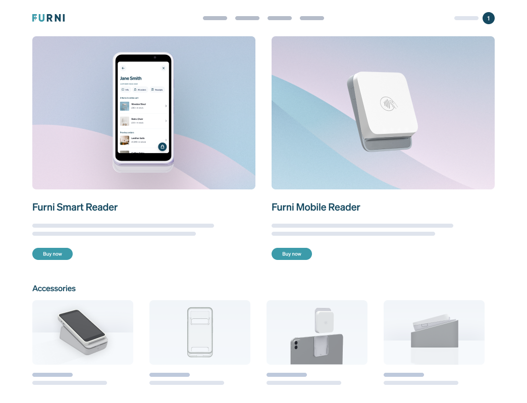 Stylized product layout showing two devices and 4 accessories