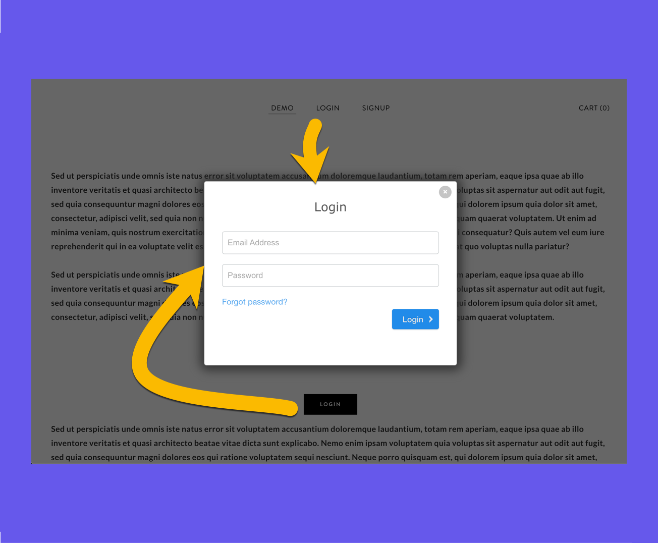 Add our login link to your navigation or as a button. When clicked, our hosted login form appears on your website so customers can log in. This allows your customers to use Stripe Customer Portal.