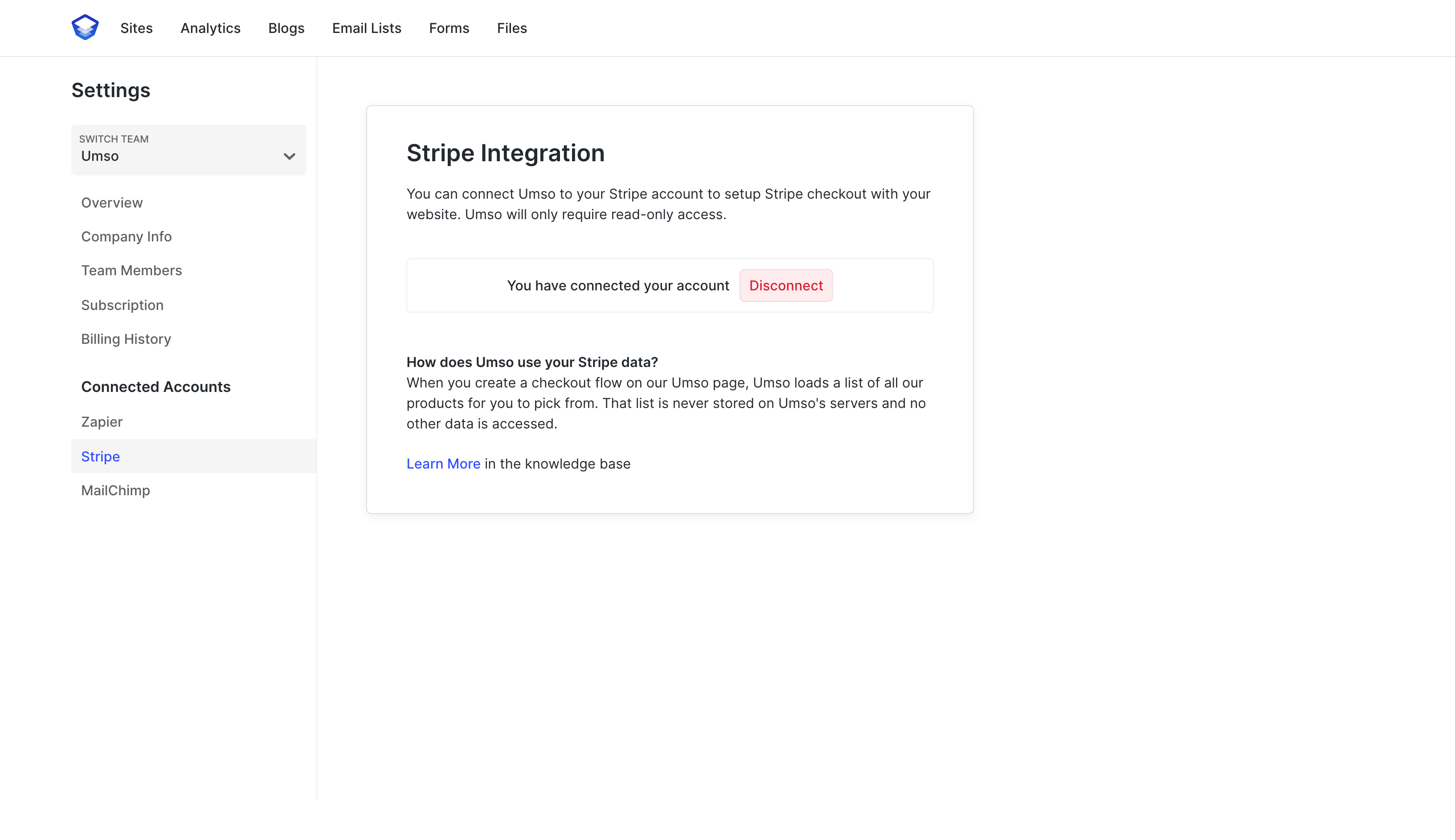 A screenshot of the page on which you connect Umso and Stripe