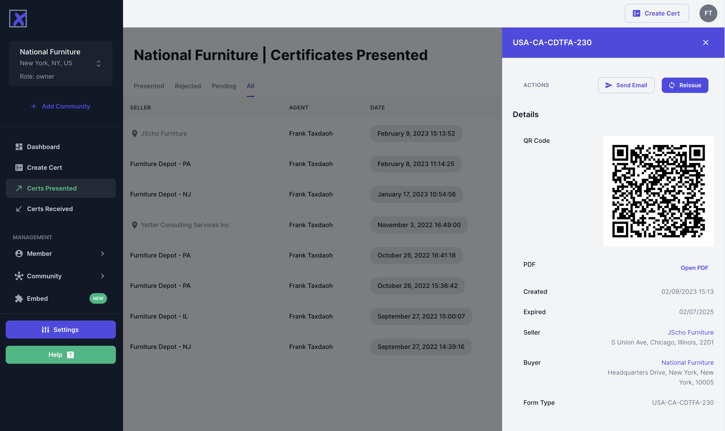 Whether it's certs received or delivered, users can filter their activities and quickly find the certs they need.  All of the details are a click away, including renewals.