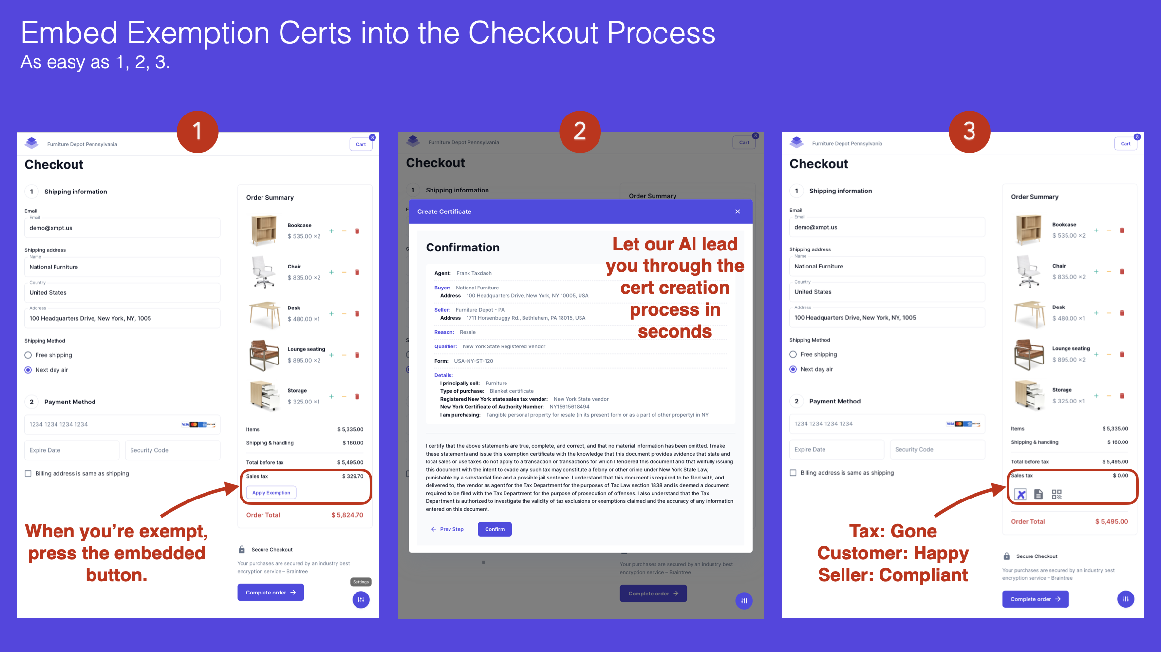 14 lines of code.  That's what it takes to embed our exemption certs into any checkout process.  Stop managing certs by hand, and automate with XMPT!