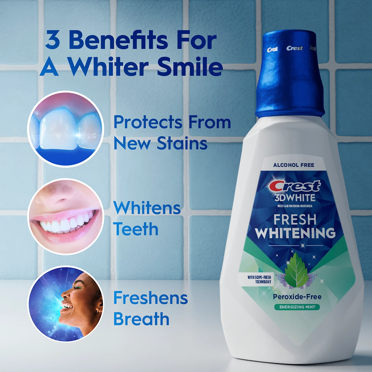 3 benefits for a whiter smile: Protects from new stains, whitens teeth, and freshens breath
