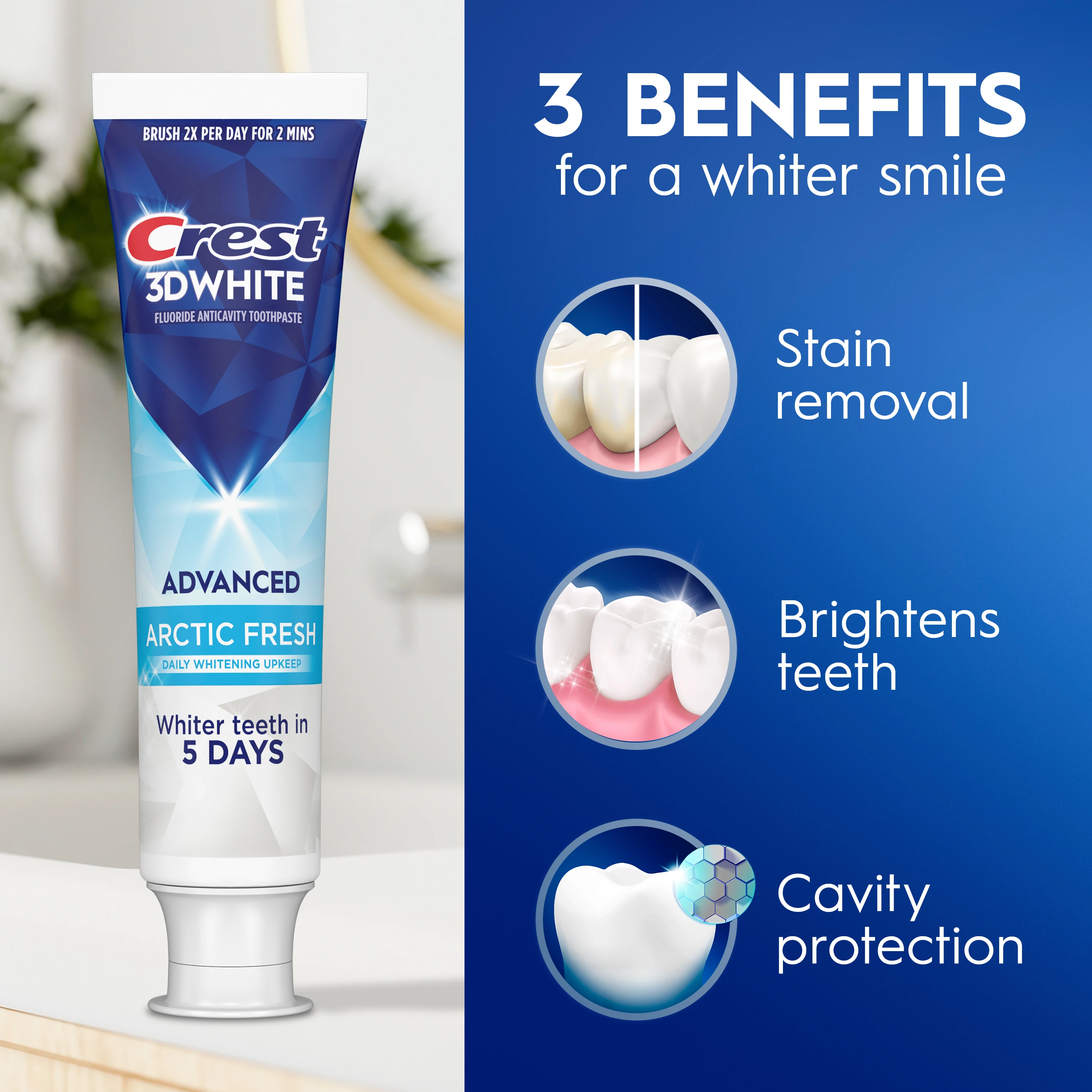 Crest 3DWhite Whitening Toothpaste, Advanced Arctic Fresh. 3 Benefits: Stain Removal, Brightness teeth, Cavity Protection