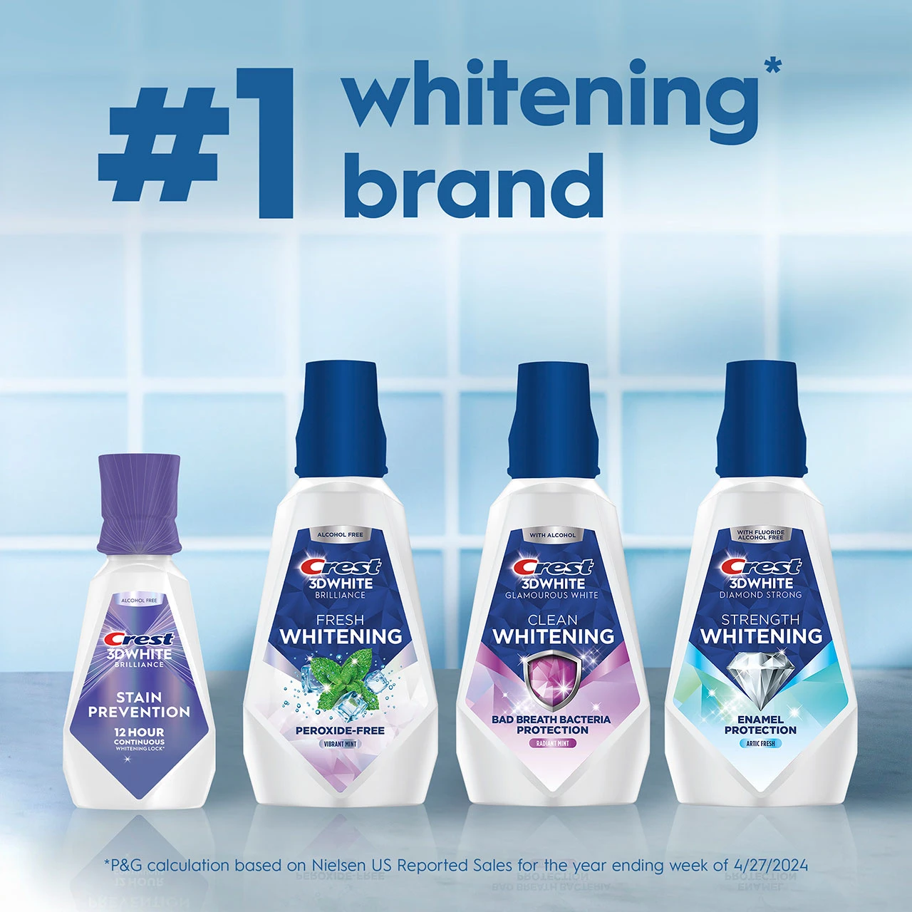 Four Crest 3D White mouthwash bottles lined up on a bathroom-tile background under large text reading “#1 whitening brand.”