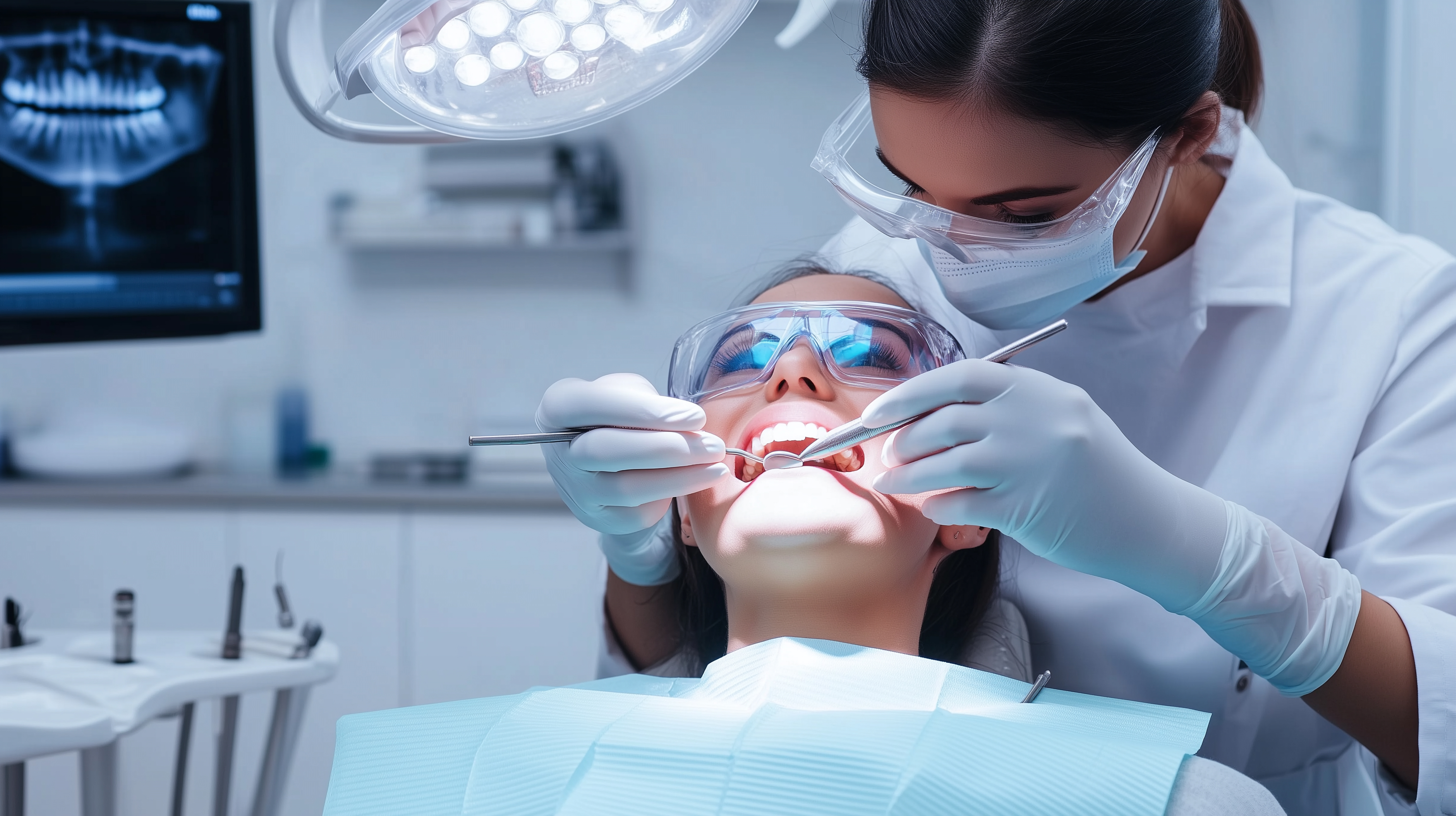 professional dentist or dental assistant diligently works on a patient