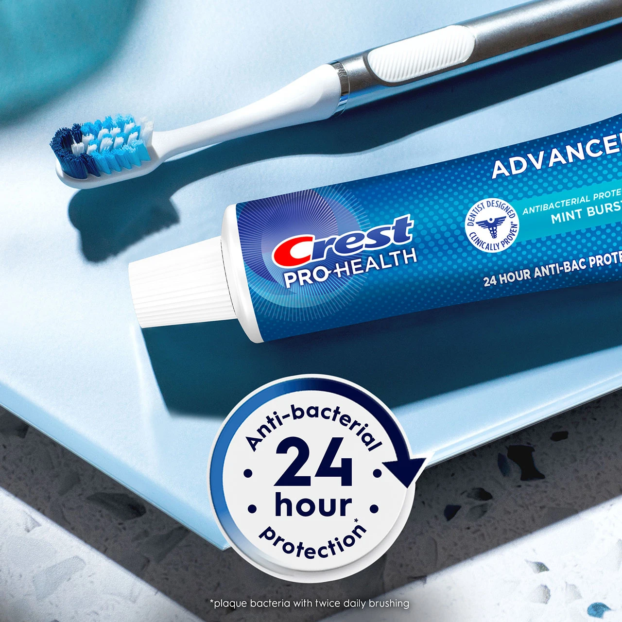 Crest Pro-Health Advanced Antibacterial Protection Toothpaste, Mint Burst and a toothbrush on a counter, image reads "Anti-bacterial 24 hour protection".