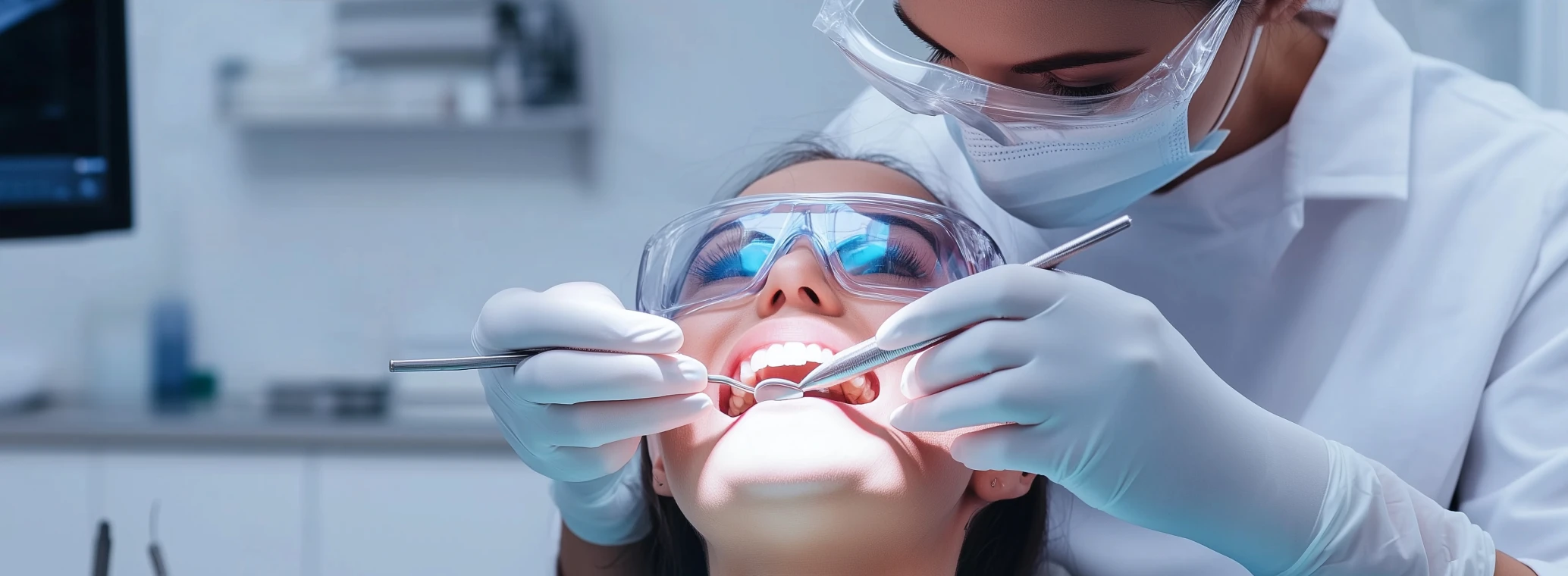 Dental professional examining a patient’s teeth with dental tools