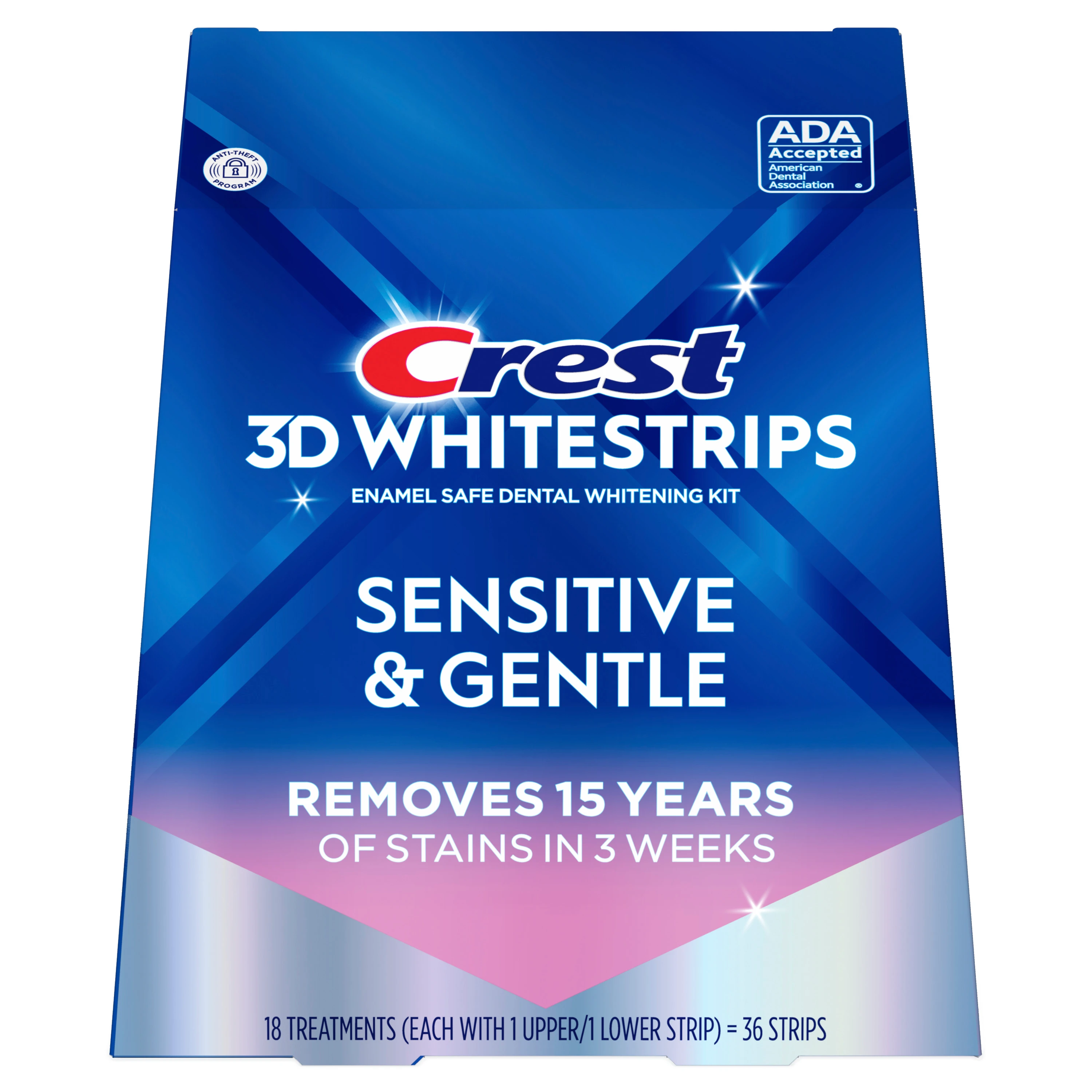 Crest 3D Whitestrips Sensitive & Gentle At-home Teeth Whitening Kit. Gently removes 15 years of stains in 3 weeks