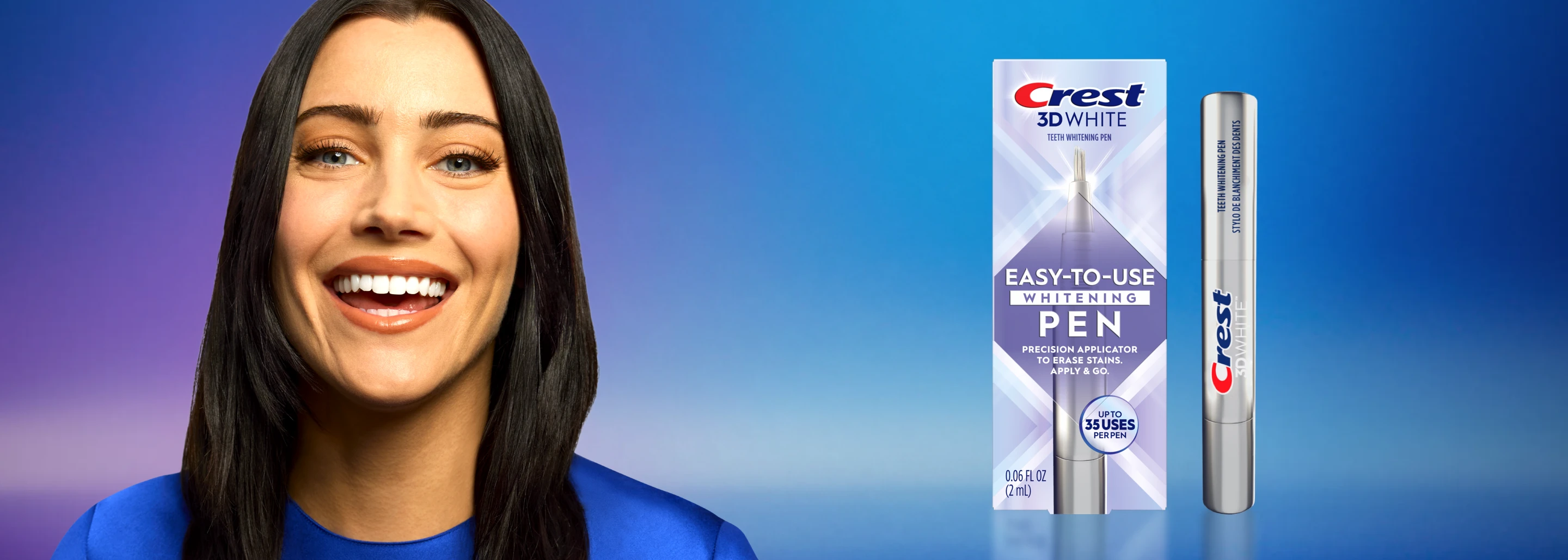 Image of a woman smiling and the Crest 3D White Teeth whitening pen next to her