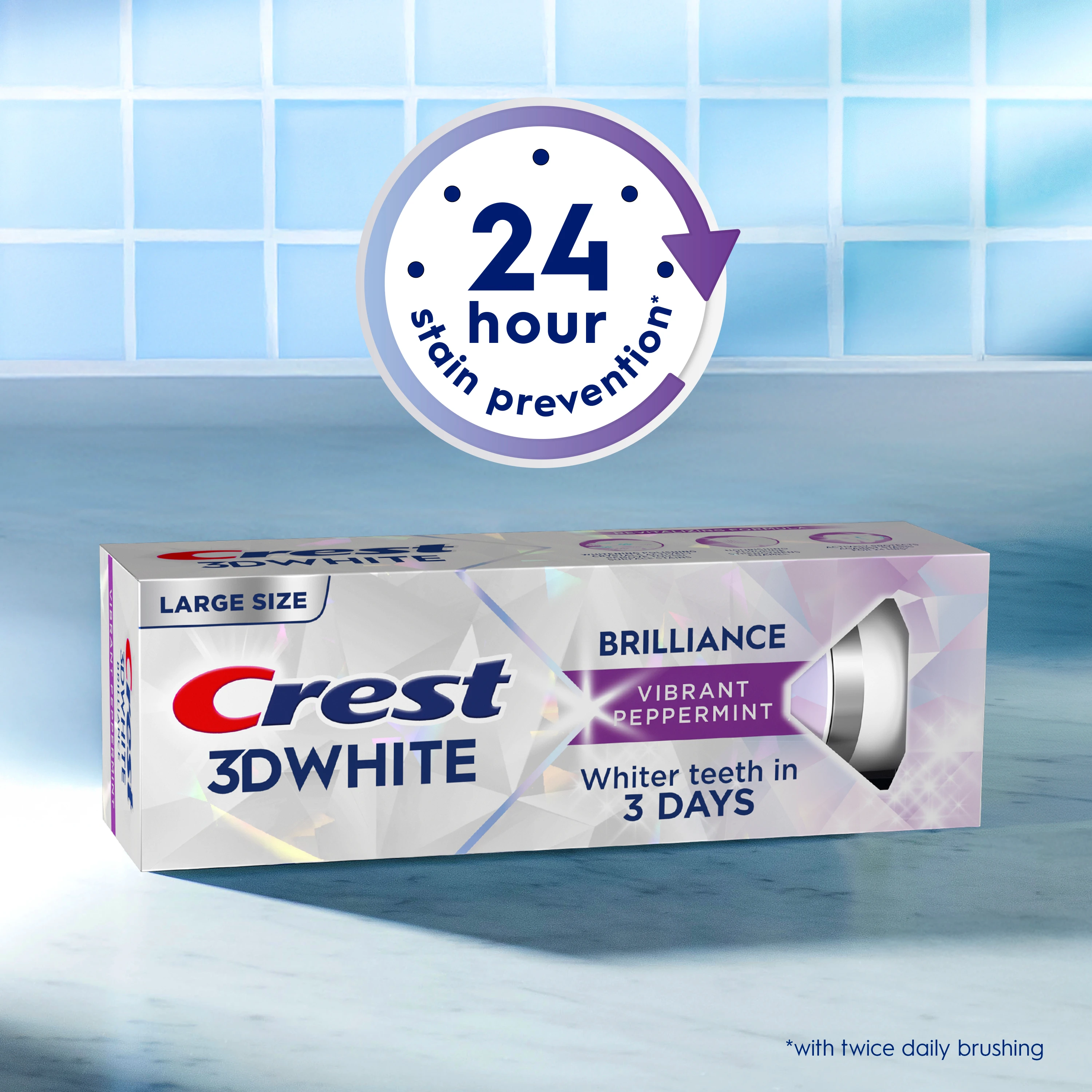 Package image of Crest 3DWhite Brilliance Vibrant Peppermint Teeth Whitening Toothpaste. 24 hour stain prevention with twice daily brushing.
