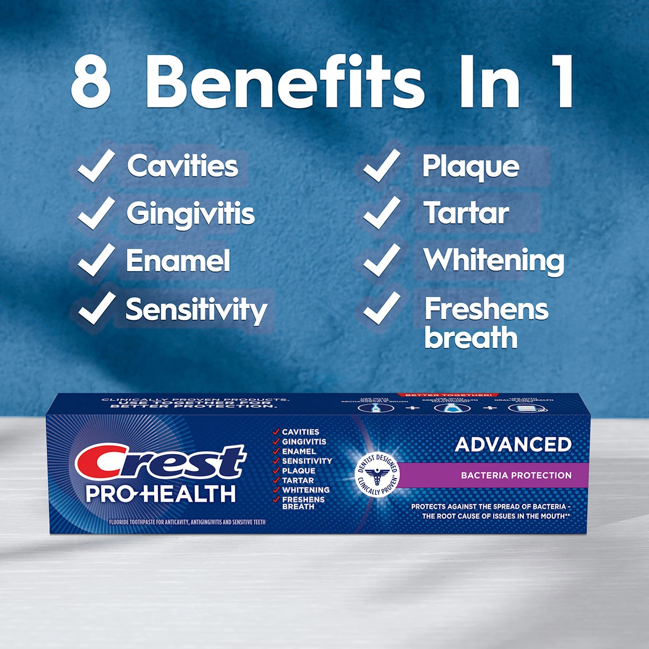 8 in 1 benefits, cavities, gingivitis, enamel, sensitivity, plaque, tartar, whitening, freshens breath