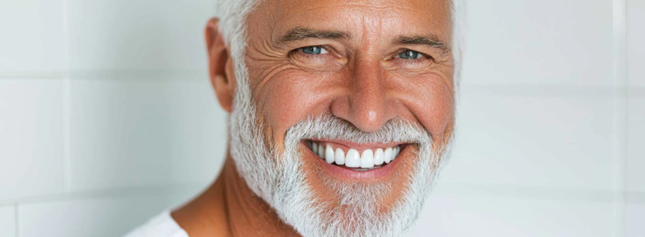 Older man smiling and showing his healthy, white teeth