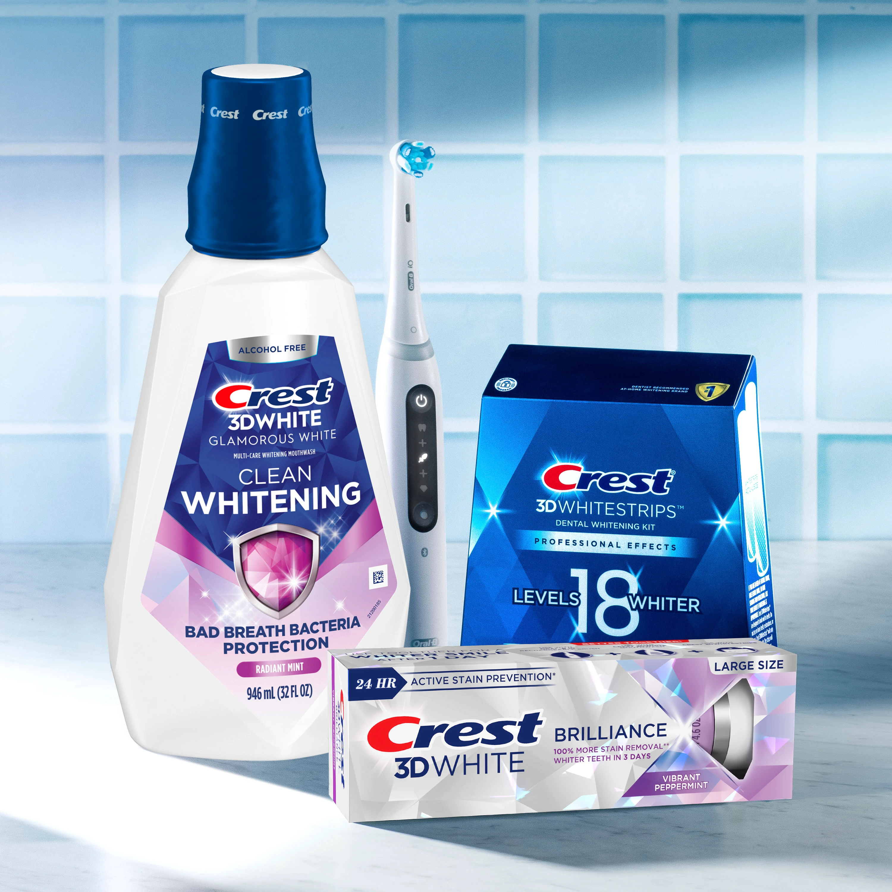 Picture of Crest 3DWhite Clean Whitening Mouthwash, Oral-B iO toothbrush, Crest 3D Whitestrips Professional Effects and Crest 3D Brilliance toothpaste