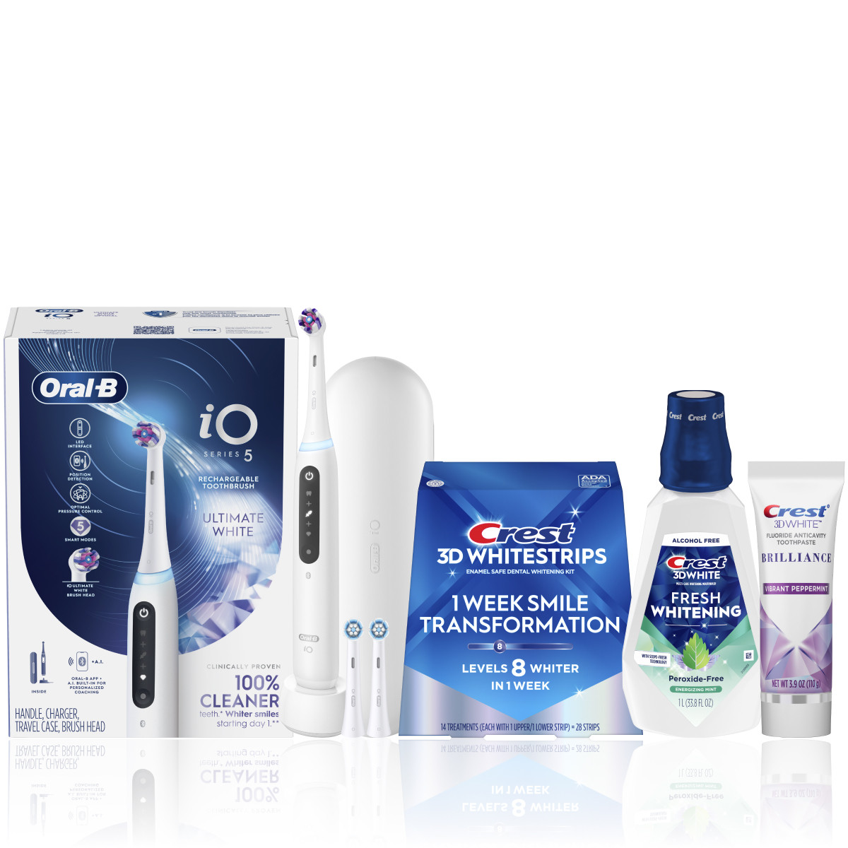Brilliance Whitening Bundle includes: iO5 electric toothbrush, 2 brush heads, whitening mouthwash, toothpaste and whitestrips