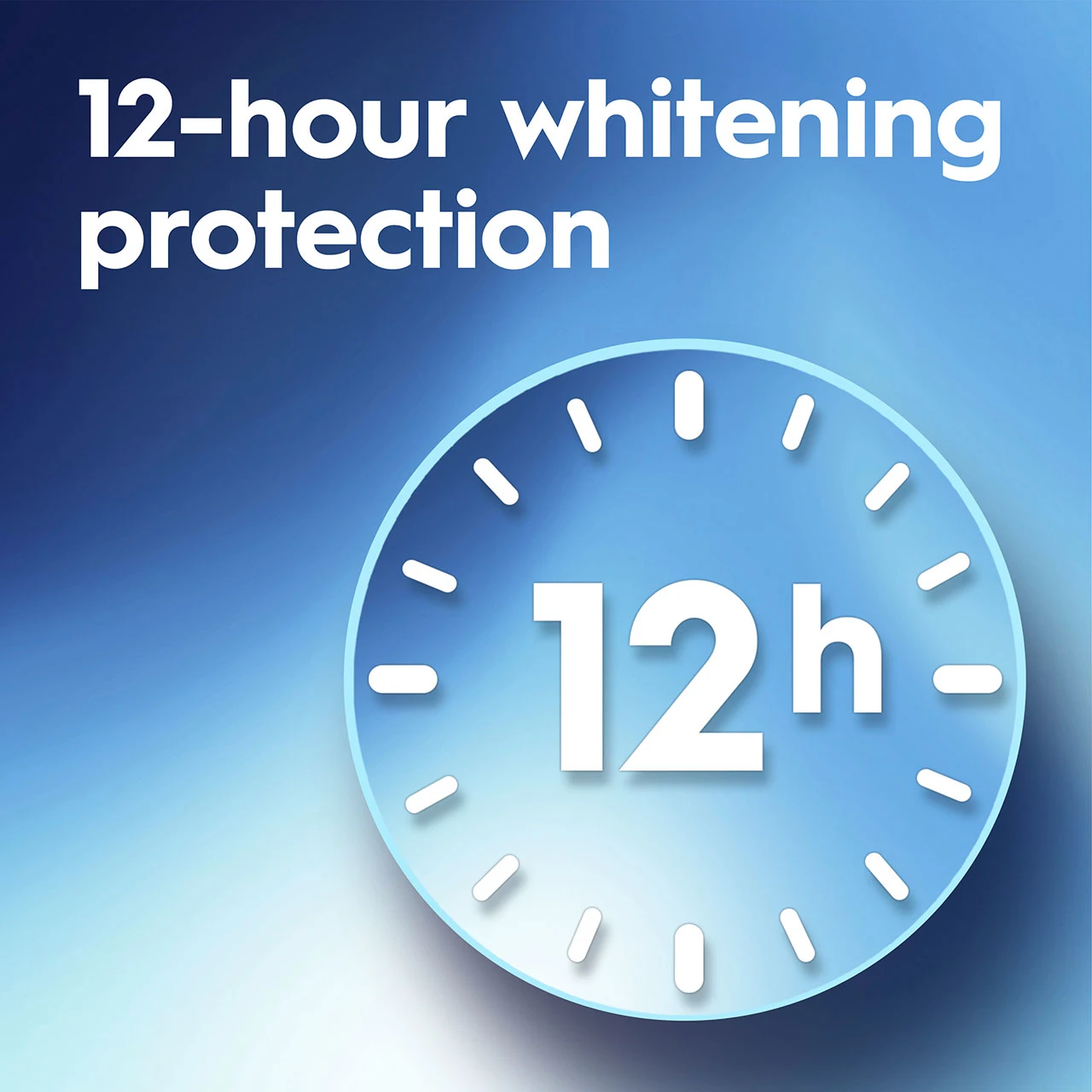 Blue gradient graphic with bold white text "12-hour whitening protection" and a circular clock icon showing "12h" in the center. 