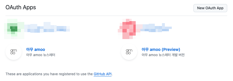 GitHub 설정 OAuth Apps 페이지에 등록된 4개의 앱