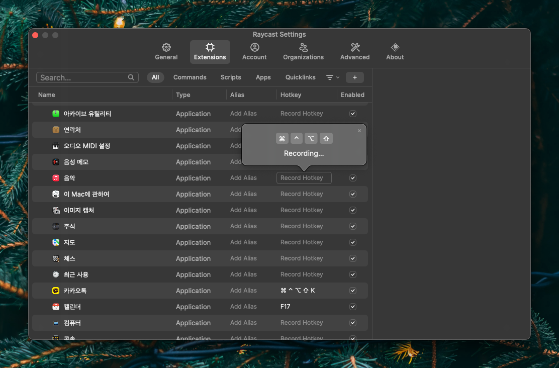 Extensions 탭이 열린 Raycast Settings 창, 음악 앱의 단축키를 등록하고 있는 스크린샷