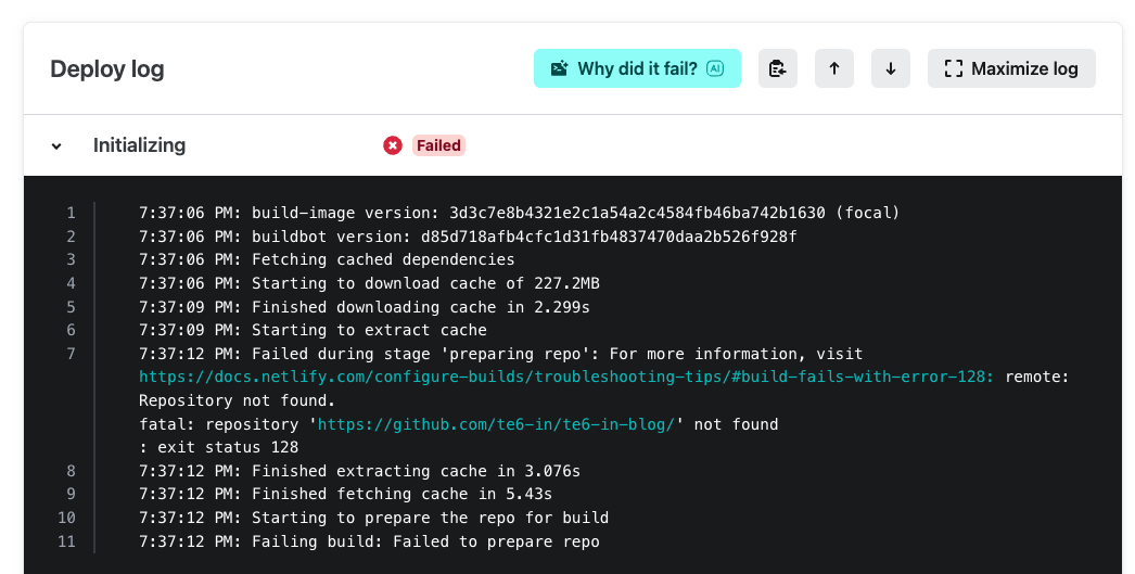 Netlify Deploy log: fatal: repository 'https://github.com/te6-in/te6-in-blog/' not found