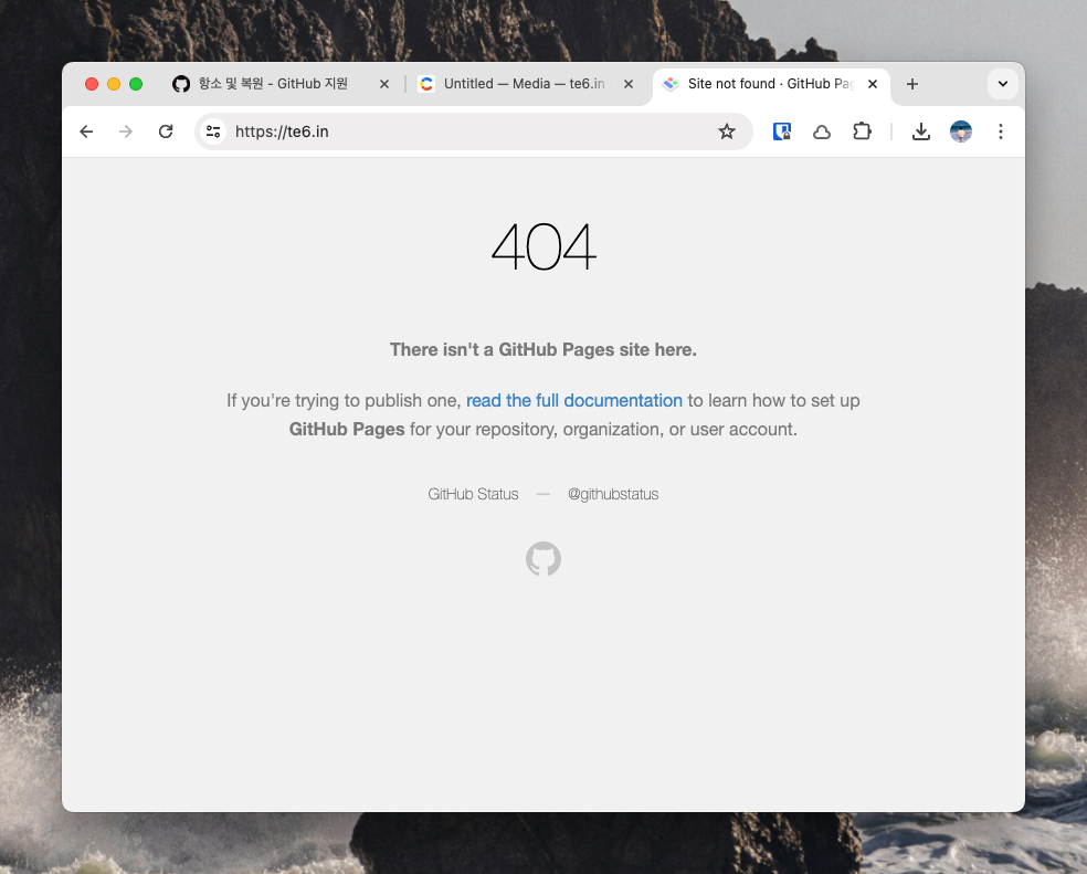 https://te6.in에서 GitHub Pages의 404 오류를 출력 중인 Chrome 창
